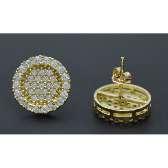 Real 10K Solid Yellow Gold 13mm Mens 3D Round Cut Iced CZ Stud Earrings 3.7gr - Picture 3 of 6